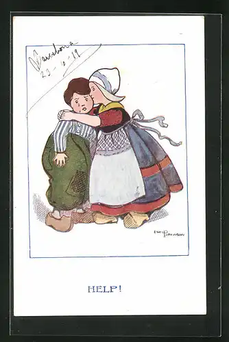Künstler-AK Ethel Parkinson: Mädchen mit Holzschuhen und Haube tröstet einen weinenden Jungen, Help!