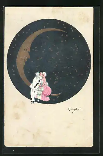 Künstler-AK Carlo Chiostri: Pierrot und Geliebte auf Mondsichel, Mondgesicht