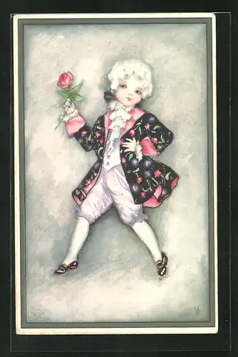 Künstler-AK Hannes Petersen: Junge in barocker Kleidung mit Rose
