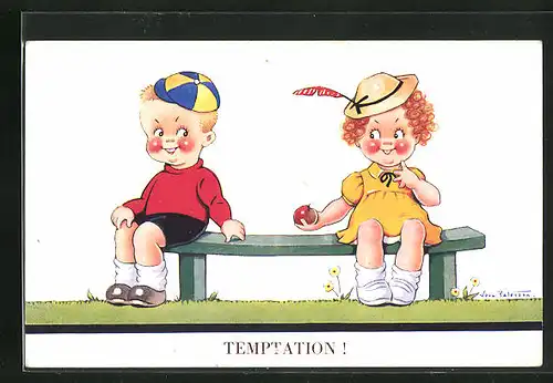 Künstler-AK Vera Paterson: Temptation!, Junge und Mädchen mit einem Apfel auf Bank sitzend