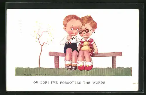 Künstler-AK Vera Paterson: Junge sitzt mit einem Mädchen auf einer Parkbank