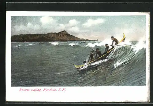 AK Honolulu, HI, Natives surfing, Boot auf Wellenkamm