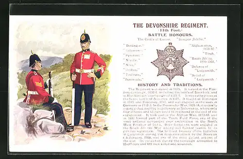 AK The Devonshire Regiment, Battle Honours, Britische Soldaten in Uniformen mit Pickelhauben