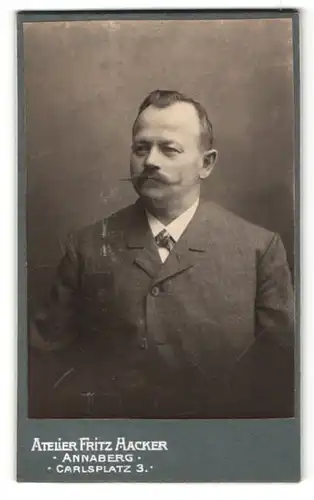 Fotografie Fritz Hacker, Annaberg, Portrait stattlicher Herr mit Schnurrbart im Anzug