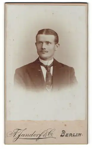 Fotografie A. Jandorf & Co, Berlin, Portrait stattlicher junger Mann mit Mittelscheitel und Krawatte im Anzug
