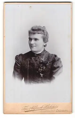 Fotografie Th. Alfred Hahn, Chemnitz, Portrait bürgerliche Dame in edler Bluse mit Ansteckblume