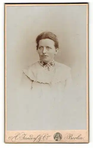 Fotografie A. Zandorf & Co., Berlin, Dame in hellem Kleid mit Spitze an dunklem Kragen