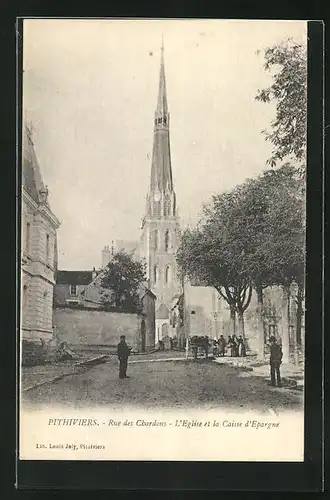 AK Pithiviers, Rue des Chardons, L'Eglise et la Caisse d'Epargne