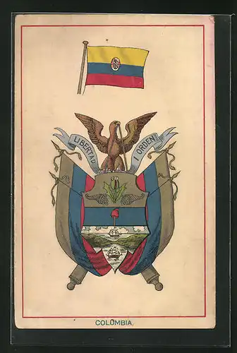 Künstler-AK Kolumbien, Libertad I Orden, Wappen und Flaggen