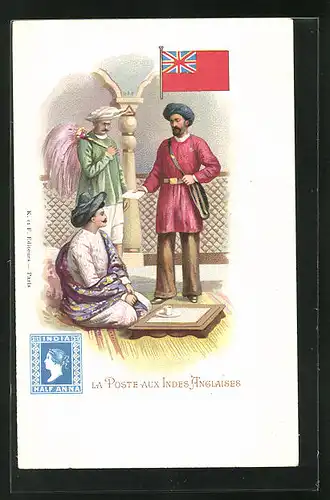 AK Indes Anglaises, La Poste, Postbote überbringt einen Brief, Briefmarke und Flagge