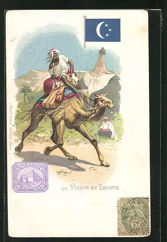 AK Egypte, La Poste, Briefträger reitet auf einem Dromedar, Briefmarke und Flagge