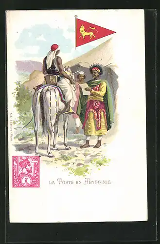 AK Abyssinie, La Poste, Postbote, Mann erhält einen Brief, Briefmarke und Wimpel