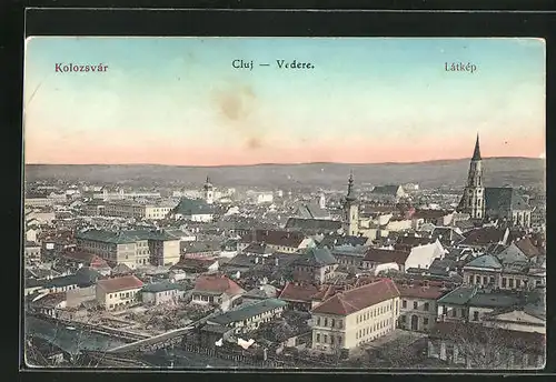 AK Cluj, Vedere, Ortsansicht über Häuser, Kirchen und Fluss mit Brücke