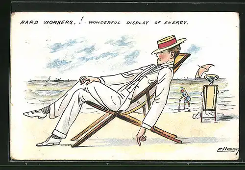 Künstler-AK sign. Ellam: Mann sitzt schlafend im Liegestuhl am Strand