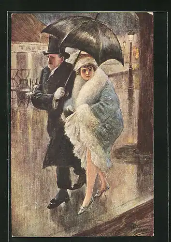 Künstler-AK Albert Guillaume: Ein elegant gekleidetes Paar unter dem Regenschirm