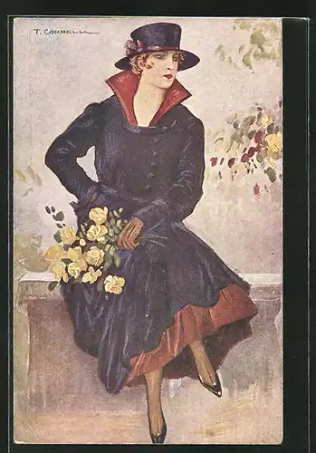 Künstler-AK Tito Corbella: junge Frau mit Hut und Blumenstrauss im eleganten Mantel