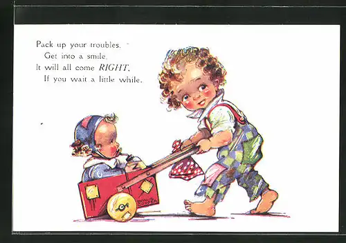 Künstler-AK sign. Phyllis Cooper: Pack up your troubles. Get into a smile, Schwester schiebt den Wage mit dem Kleinkind