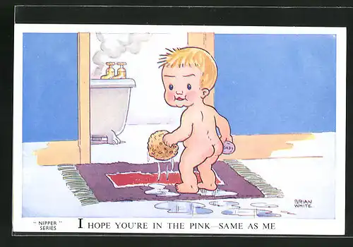 Künstler-AK sign. Brian White: I hope you`re in the pink - same as me, Nackter Junge steht an der Badezimmertür