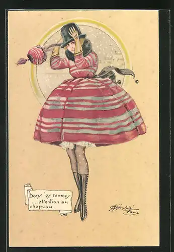 Künstler-AK sign. M. Cherubini: Junge Frau im roten Rock mit Hut