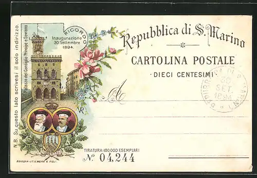 Lithographie S. Marino, Palazzo del Consiglio Principe e Soverano, Inaugurazione 1894