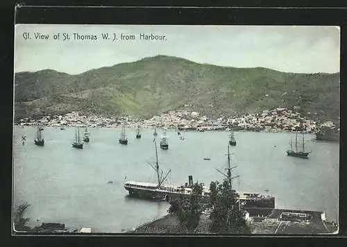 AK St. Thomas, Panorama des Ortes mit Hafen