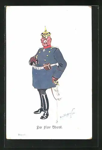 Künstler-AK Fritz Schönpflug: Oberst mit Eisernem Kreuz, Pickelhaube und Fernglas