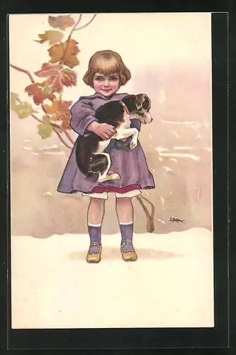 Künstler-AK Leopoldo Metlicovitz: Kleines Mädchen im lila Kleid trägt seinen Hund auf dem Arm