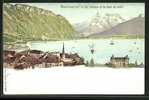 Lithographie Montreux, sur le Lac Léman et la dent du midi, Künzli Nr. 5019, Berg mit Gesicht / Berggesichter