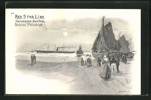 Künstler-AK Henri Cassiers: Hafenblick mit Dampfer der Red Star Line Antwerpen-New York