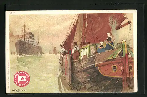 Künstler-AK Henri Cassiers: Blick von Heck eines Segelschiffes mit Passagieren auf Dampfer der Red Star Line
