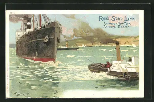 Künstler-AK Henri Cassiers: Dampfer der Red Star Line wird von Schlepper gezogen