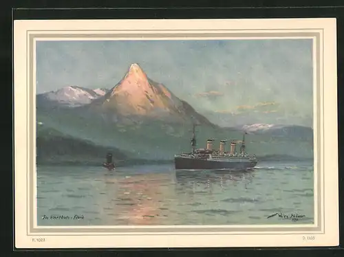 Künstler-AK Willy Stoewer: Dampfer der Hapag im Vartdals-Fjord, Küste