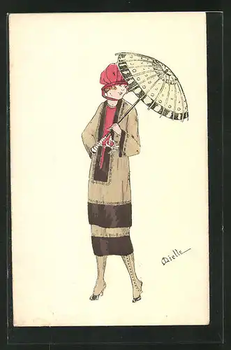 Künstler-AK sign. Miette: Dame mit roten Hut, Sonnenschirm und Gamaschen Stiefel