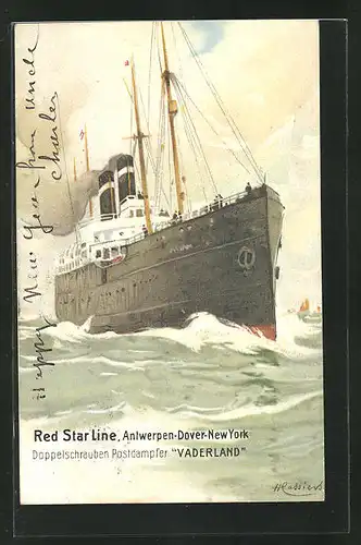Künstler-AK Henri Cassiers: Doppelschrauben Postdampfer Vaderland bei Wellengang auf See, Red Star Line
