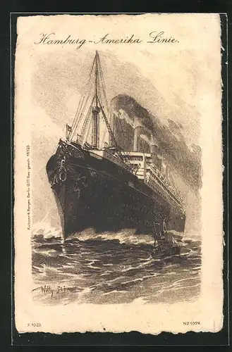 Künstler-AK Willy Stoewer: Passagierschiff Imperator unter Dampf, Blick auf Bug, Hamburg-Amerika Linie