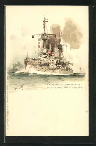 Künstler-AK Hans Bohrdt: Kriegsschiff S. M. Panzerschiff Brandenburg mit Volldampf Kiel verlassend