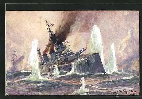 Künstler-AK Willy Stoewer: Englisches Kriegsschiff im Salvenfeuer deutscher Kreuzer, Seegefecht Nordsee am 24. Jan. 1915