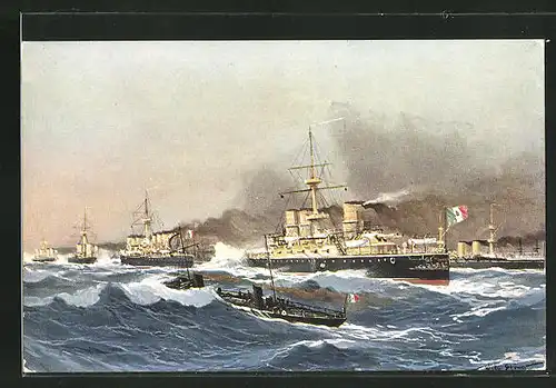 Künstler-AK Willy Stoewer: Kriegsschiffe mit italienischer Flagge vor Küste bei hohem Wellengang
