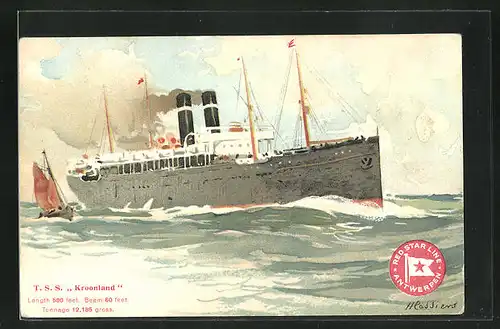 Künstler-AK Henri Cassiers: Passagierschiff T. S. S. Kroonland unter Dampf auf See, Segelschiff, Red Star Line