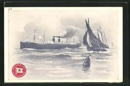 Künstler-AK Henri Cassiers: Red Star Line Antwerpen, Passagierschiff und Segler