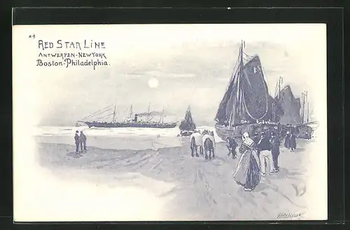 Künstler-AK Henri Cassiers: Red Star Line, Antwerpen-New York & Boston-Philadelphia, auslaufender Dampfer