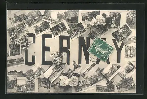 AK Cernay, Collage verschiedender Ansichtskarten aus dem Ort