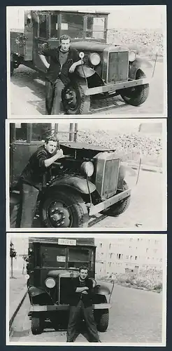 3 Fotografien Lastwagen, Fahrer mit LKW-Pritsche in Berlin, Kennzeichen: IH22-47