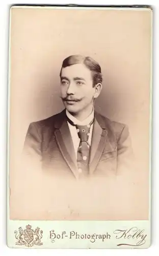 Fotografie J. F. Kolby, Zwickau, Mann im Anzug mit Moustache Bart und breitem Binder