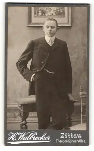 Fotografie H. Walbrecker, Zittau, junger Mann im Anzug mit Hand in der Hosentasche und Kette an der Weste