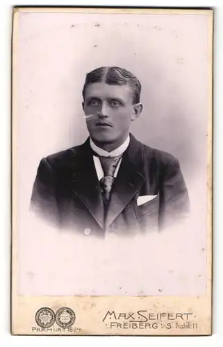 Fotografie Max Seifert, Freiberg i/S., Mann im Anzug mit breitem Binder und auffälligem Mittelscheitel