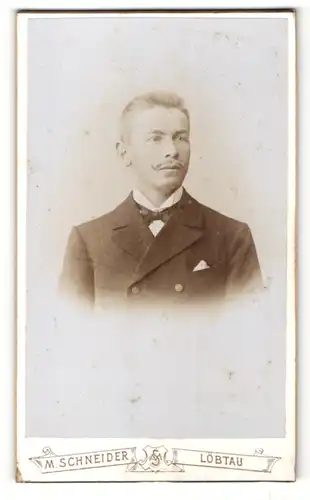 Fotografie M. Schneider, Löbtau, Mann im Anzug mit Fliege und Moustache Bart