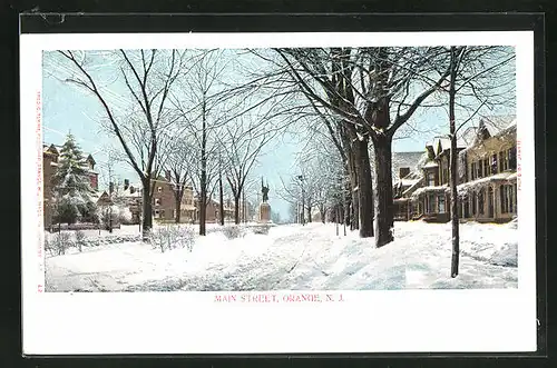 AK Orange, NJ, Main Street with Moument in Winter