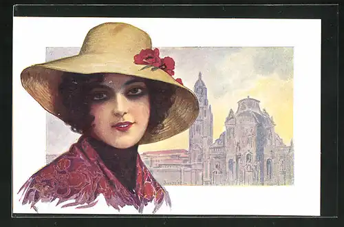 Künstler-AK Murcia, Kathedrale und Frau mit Hut