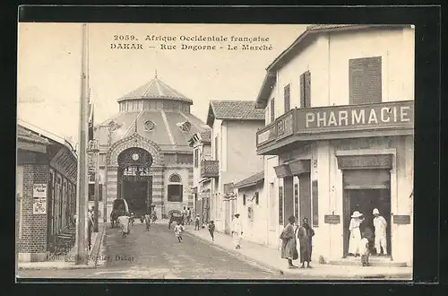 AK Dakar, Rue Dagorne, Le Marche, Strassenpartie mit Pharmacie